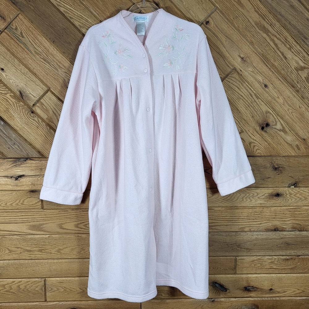 Collette Miss Elaine Robe Womens Large Embroidered Button Front Fleece SoftPink
